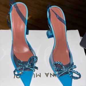 Amina Muaddi Blue Heels with Embellished Bow